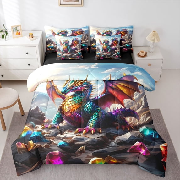 Homewish Wild Dragon 7-Piece Twin Bedding,Magical Animal Bedding Comforter Set,Gray,Black Reversible