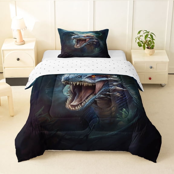 Homewish Wild Dragon Twin Comforter Sets,Vintage Wildlife Bedding Set,Blue,Reversible,2pcs,1 Comforter and 1 Pillowcase