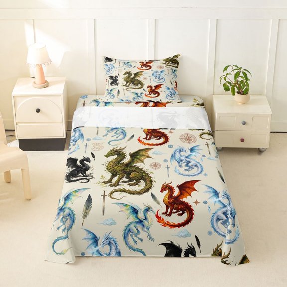 Homewish Wild Dragon Twin Sheets,Vintage Animals Bedding,Beige,3-Piece,1 Fitted Sheet and 1 Pillowcase