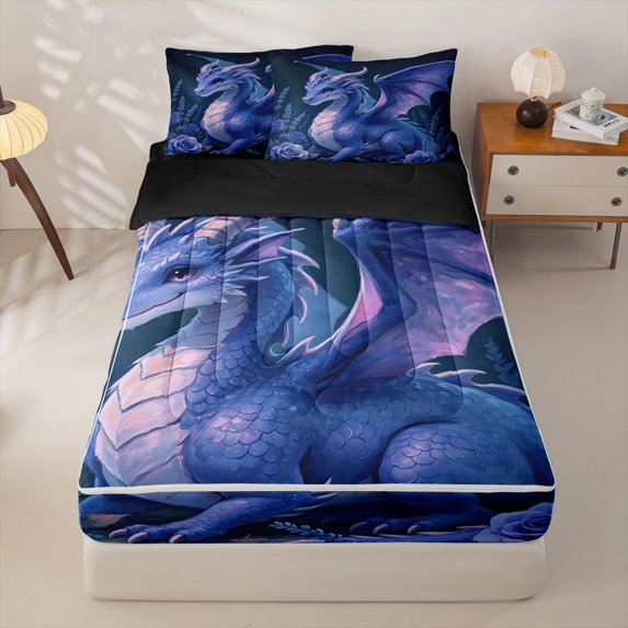 Homewish Wild Dragon Zipper Queen Comforter Set with Fitted Sheet and 2 Pillowcases,Rose Lavender Flower Zipper Bedding Set,Blue,Retro Animal Decor,Black Reversible,4pcs