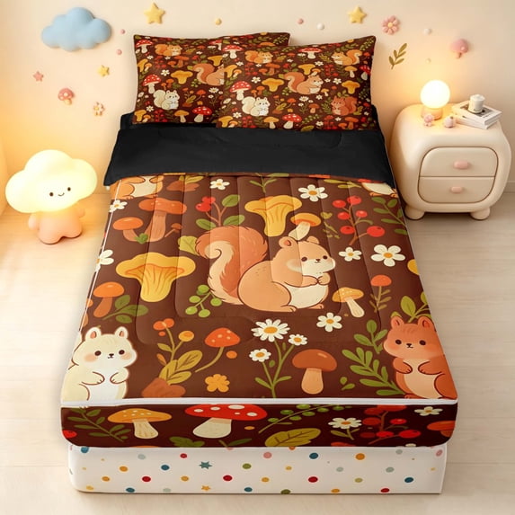 Homewish Wild Exotic Mushrooms Zipper Twin Comforter Sets with Fitted Sheet and 2 Pillowcases,Cartoon Squirrel Animals Zipper Bedding Set,Brown,Black Reversible,4pcs