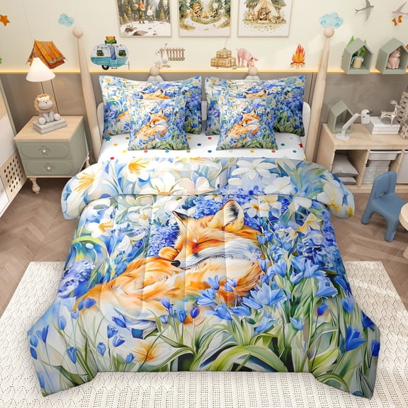 Homewish Wild Fox 7 Pieces Bedding Comforter Set,Jungle Animal Full Bedding Set,Rustic Flower Lavender Fitted Sheet Flat Sheet For Girls Teens,Super Cozy Room Decor Reversible