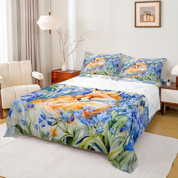 Homewish Wild Fox Bed Sheets,Jungle Animal King Sheets,Rustic Flower Lavender Sheet Set For Girls Teens,Super Cozy Room Decor,4pcs