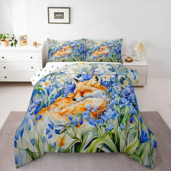 Homewish Wild Fox Queen Comforter Set,Jungle Animal Bedding Sets,Rustic Flower Lavender Bedding Comforter Set For Girls Teens,Super Cozy Room Decor Reversible,3 Pieces