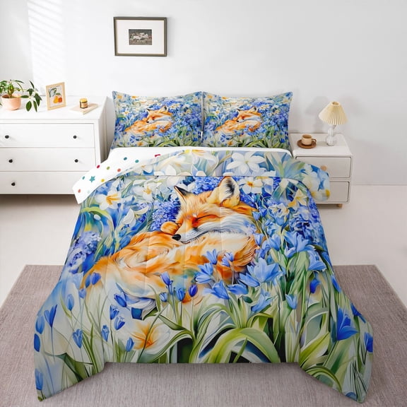 Homewish Wild Fox Queen Comforter Set,Jungle Animal Bedding Sets,Rustic Flower Lavender Bedding Comforter Set For Girls Teens,Super Cozy Room Decor Reversible,3 Pieces