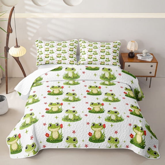 Homewish Wild Frog Twin Quilt Set,Red Cartoon Daisy Blossom Twin Coverlet Set For Girl Boys,2-Piece