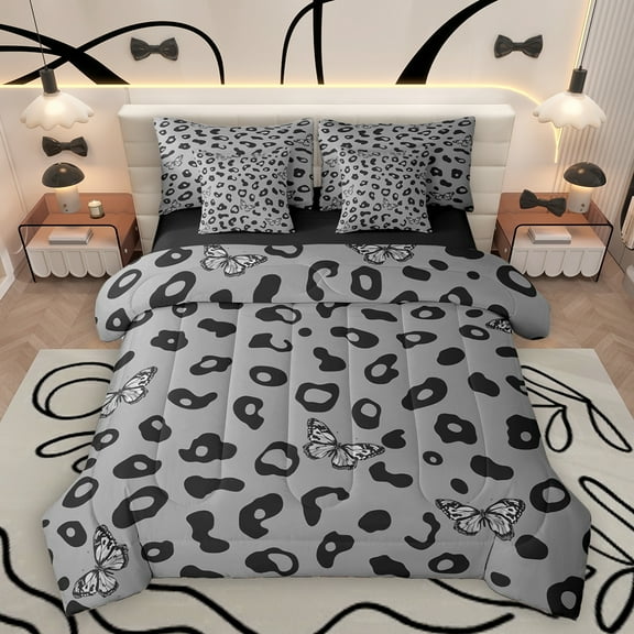 Homewish Wild Leopard Print 7-Piece Twin Bedding Sets,Chic Butterfly Bedding Comforter Set,Gray Black Sheet Sets For Girls Kids,Breathable Home Decor Reversible