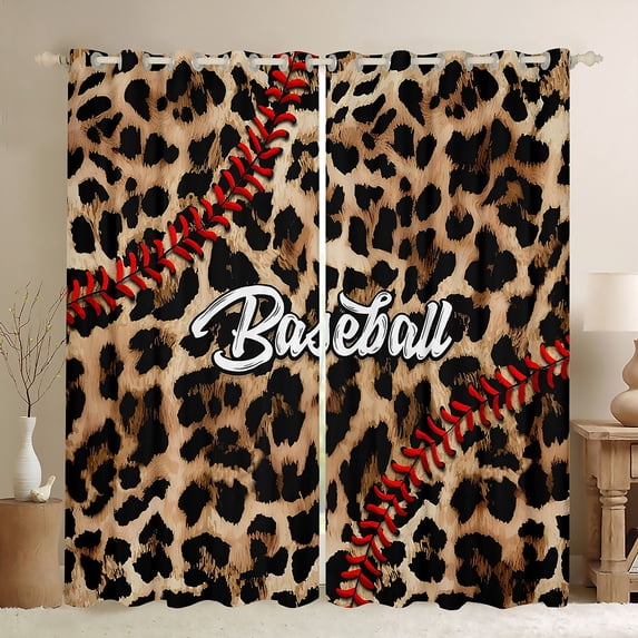 Homewish Wild Leopard Print Black Out Curtains,Baseball Sport Game Curtains Pack of 2 (42x63 Each),Brown Black Bedroom Curtains For Girls Boys,Microfiber Bedroom Decor