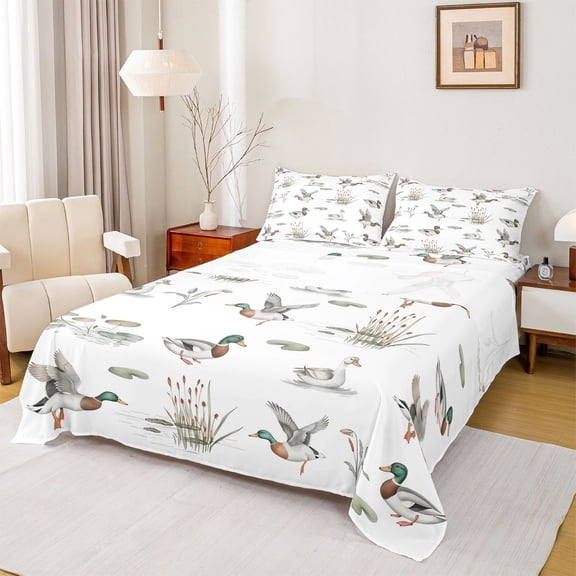 Homewish Wild Mallard Duck Bed Sheets,Rustic Farmhouse Cabin King Sheets,White Gray Sheet Set For Boys,Breathable Home Decor,4-Piece
