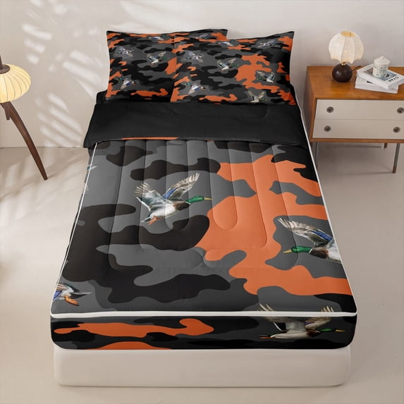 Homewish Wild Mallard Duck Zipper Full Size Comforter Sets with Fitted Sheet and 2 Pillowcases,Rustic Black Orange Camo Zipper Bedding Set,Black Reversible,4-Piece