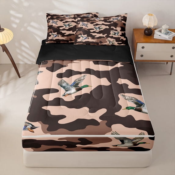 Homewish Wild Mallard Duck Zipper Full Size Comforter Sets with Fitted Sheet and 2 Pillowcases,Rustic Brown Camo Zipper Bedding Set,Black Reversible,4-Piece
