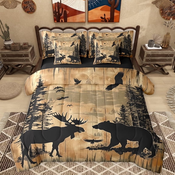Homewish Wild Moose Bear 7pcs Bedding Comforter Set,Jungle Animal Queen Bedding Sets,Black Brown Queen Sheet Sets For Boys Kids,Breathable Home Decor Reversible