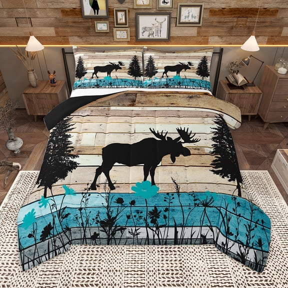 Homewish Wild Moose Bedding Comforter Set,Woodland Animal Twin Comforter Sets,Old Woooden Board Bedding Set For Boys Kids,Luxury Bedroom Decor Reversible,2 Pieces