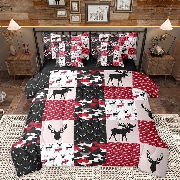 Homewish Wild Moose Deer 7-Piece Bedding Comforter Set,Jungla Animal King Bedding Sets,Red Black Bed Sheets For Boys Kids,Super Cozy Room Decor Reversible