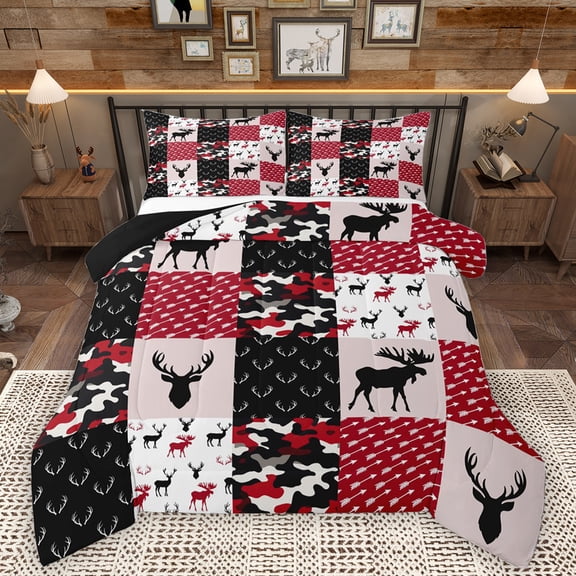 Homewish Wild Moose Deer Queen Comforter Set,Jungla Animal Bedding Sets,Red Black Bedding Comforter Set For Boys Kids,Super Cozy Room Decor Reversible,3 Pieces