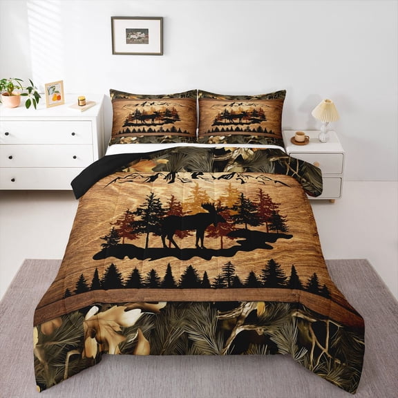 Homewish Wild Moose Deer Queen Comforter Set,Rustic Plant Leaves Bedding Sets,Brown Black Bedding Comforter Set For Boys Kids,Luxury Bedroom Decor Reversible,3pcs