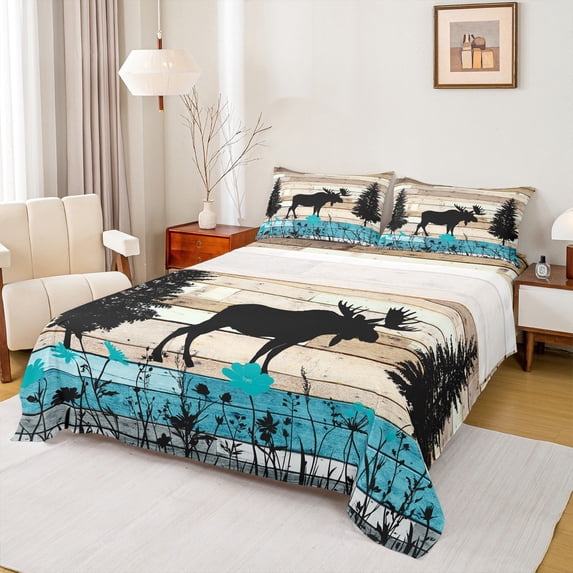 Homewish Wild Moose Twin Sheet Sets,Woodland Animal Twin Fitted Sheet,Old Woooden Board 03 For Boys Kids,3 Pieces