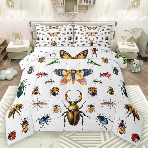 Homewish Wild Moth Ladybug Bedding Comforter Set,Green Praying Mantis Twin Comforter Sets,Bohemain Style Bedding Set For Kids,Luxury Bedroom Decor Reversible,2-Piece