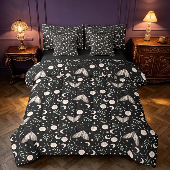Homewish Wild Moth Twin Bedding, Green Leaves Bedding Comforter Set, Moon Print Decor, Black Reversible 7pcs