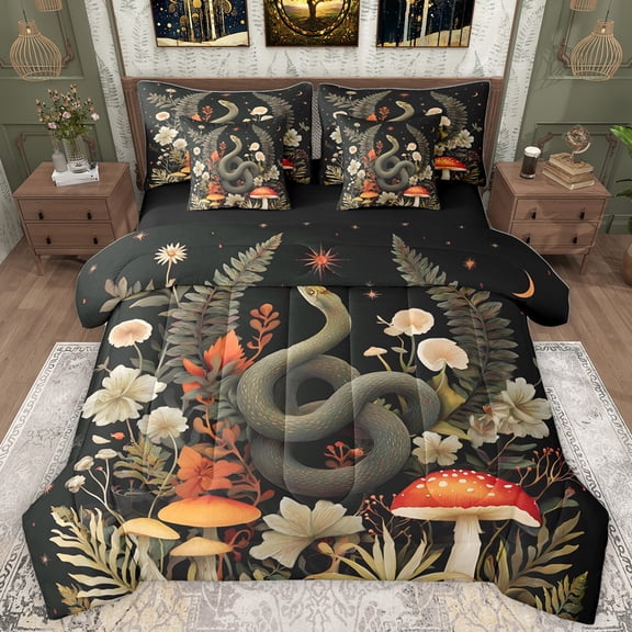 Homewish Wild Snake 7pcs Bedding Comforter Set,Countryside Mushroom Flower Queen Bedding Sets,Rustic Plant Daisy Queen Sheet Sets For Teens,Luxury Bedroom Decor Reversible