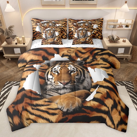 Homewish Wild Tiger Pattern 7pcs Bedding Comforter Set,Jungle Wildlife Queen Bedding Sets,Black Brown Queen Sheet Sets For Boys,Ultra Soft Home Decor