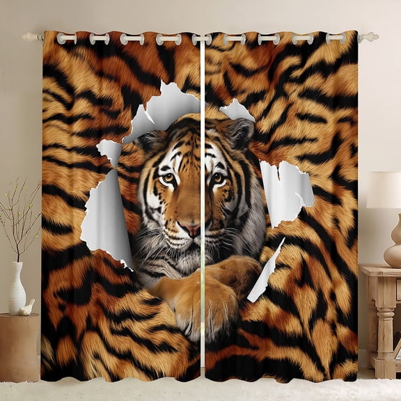 Homewish Wild Tiger Pattern Blackout Curtains Set of 2 (52x84 Each),Jungle Wildlife Window Curtains,Black Brown Curtains and Drapes For Boys,Ultra Soft Home Decor
