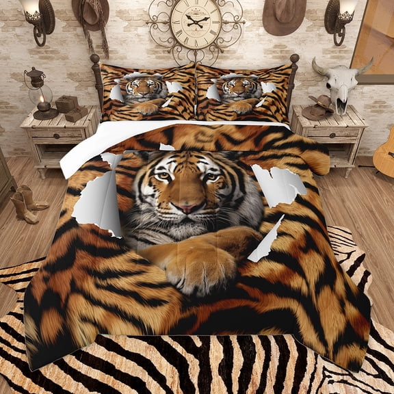 Homewish Wild Tiger Pattern Queen Comforter Set,Jungle Wildlife Bedding Sets,Black Brown Bedding Comforter Set For Boys,Ultra Soft Home Decor,3 Pieces