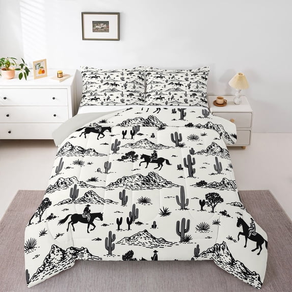 Homewish Wild West Cowboy Full Size Comforter Sets,Desert Plant Cactus Bedding Comforter Set,Beige,Light Gray Reversible,3pcs,1 Comforter and 2 Pillowcases
