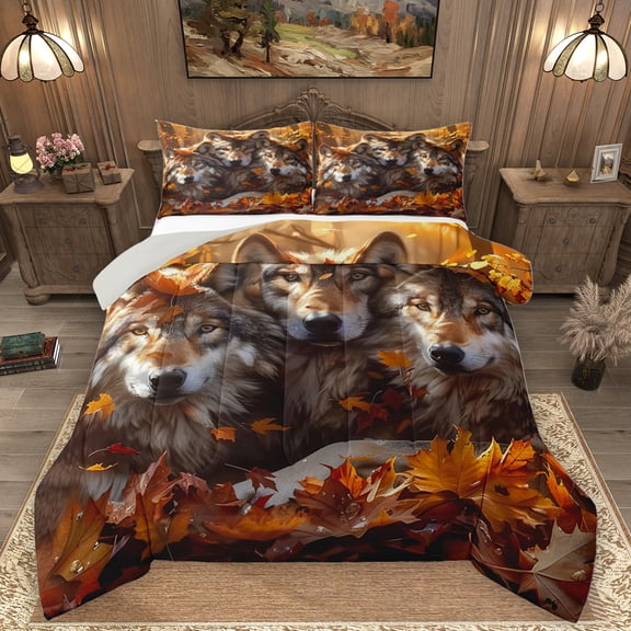 Homewish Wild Wolves Bedding Comforter Set,Autumn Fall Maples Twin Comforter Sets,Jungle Animal Bedding Set For Boy,Breathable Home Decor Reversible,2-Piece