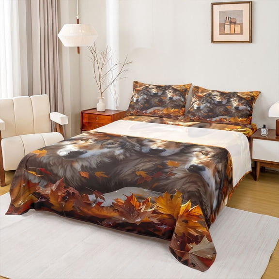 Homewish Wild Wolves Twin Sheet Sets,Autumn Fall Maples Twin Fitted Sheet,Jungle Animal Flat Sheet For Boy,Breathable Home Decor,3-Piece