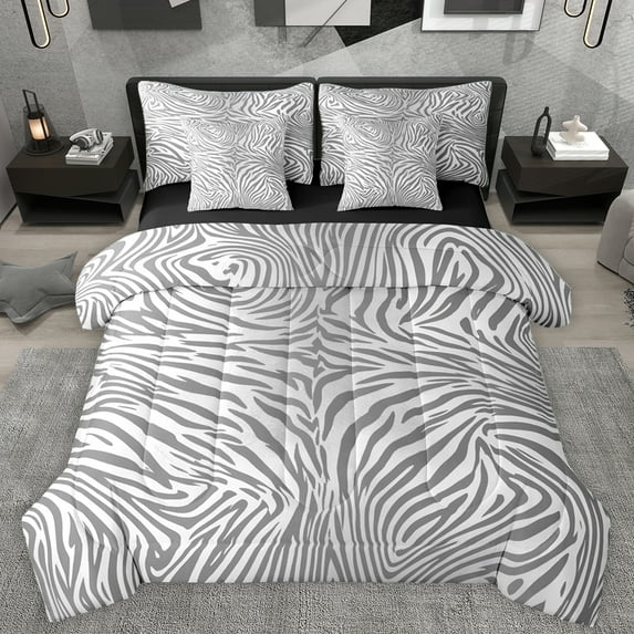 Homewish Wild Zebra Pattern 7-Piece Bedding Comforter Set,Jungle Animal King Bedding Sets,Gradient Gray White Bed Sheets For Men Women,Microfiber Bedroom Decor Reversible