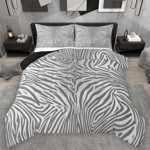 Homewish Wild Zebra Pattern Queen Comforter Set,Jungle Animal Bedding Sets,Gradient Gray White Bedding Comforter Set For Men Women,Microfiber Bedroom Decor Reversible,3 Pieces