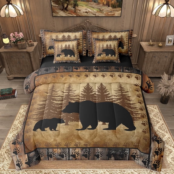 Homewish Wildlife Bear 7-Piece Twin Bedding Sets For Kids Children Teens,Woodland Animal Bedding Comforter Set,Lodge Cabin Breathable Sheet Sets,Luxury Bedroom Decor,Reversible