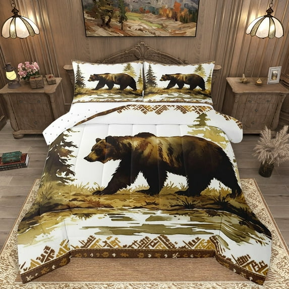 Homewish Wildlife Bear Bedding Comforter Set 2pcs for Kids Teens,Jungle Animal Twin Comforter Sets Microfiber,Green Brown Breathable Bedding Set,Super Cozy Room Decor,Reversible