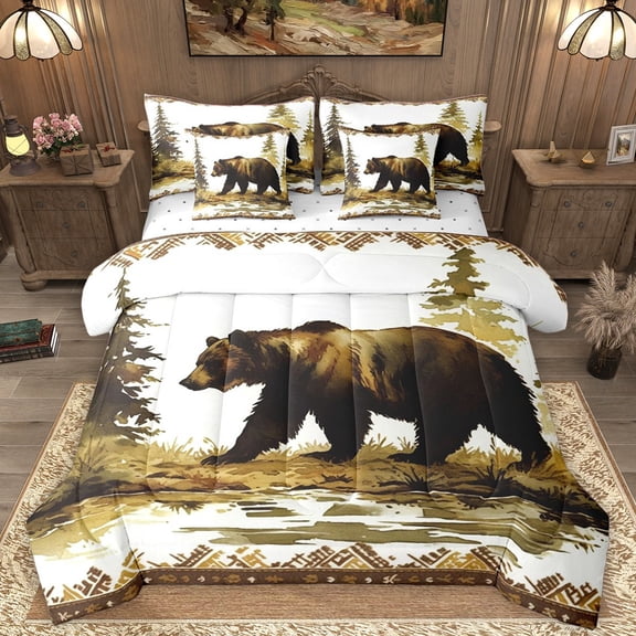 Homewish Wildlife Bear Bedding Comforter Set 7pcs for Kids Teens,Jungle Animal Queen Bedding Sets Super Cozy,Green Brown Queen Sheet Sets,Super Cozy Room Decor,Reversible