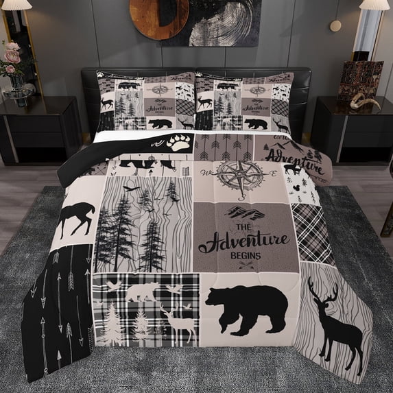 Homewish Wildlife Bear Deer Queen Comforter Set for Men, Rustic Camping Adventure Bedding Sets, Brown Linen Plaid Reversible Bedding Comforter Set, Super Cozy Room Decor, 3-Piece