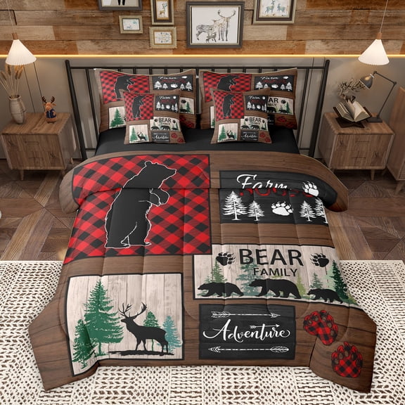 Homewish Wildlife Bear Family Twin Bedding Sets 7-Piece, Vintage Rustic Plaid Bedding Comforter Set, Countryside Reversible Sheet Sets,Luxury Bedroom Decor