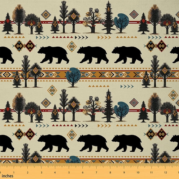 Homewish Wildlife Bear Print Fabric by the Yard 1 Yard, Jungle Pine Tree Room Decor Fabric by the Yard, Rustic Lodge Cabin Sewing Fabric, Breathable Home Decor