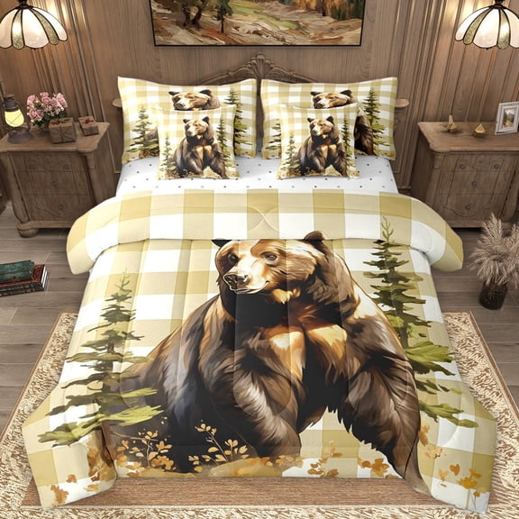 Homewish Wildlife Bear 7-Piece Twin Bedding Set - Jungle Plaid