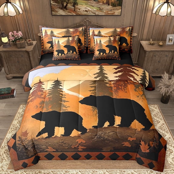 Homewish Wildlife Bear Twin Bedding Sets 7-Piece for Kids Teens,Jungle Animal Bedding Comforter Set Microfiber,Moutain Jungle Breathable Sheet Sets,Super Cozy Room Decor,Reversible