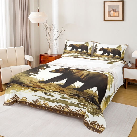 Homewish Wildlife Bear Twin Sheet Sets 3pcs for Kids Teens,Jungle Animal Twin Fitted Sheet Microfiber,Green Brown Breathable Flat Sheet,Super Cozy Room Decor