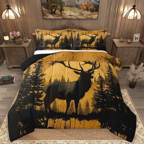 Homewish Wildlife Deer 3 Pieces Queen Comforter Set For Kids Children Teens,Woodland Animal Ultra Soft Bedding Sets,Black Brown Bedding Comforter Set,Luxury Bedroom Decor,Reversible