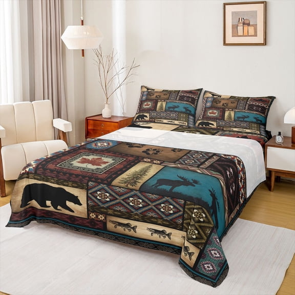 Homewish Wildlife Deer Bear 3pcs Twin Sheet Sets For Kids Children Teens,Woodland Animal Twin Fitted Sheet,Tribal Aztec Breathable Flat Sheet,Luxury Bedroom Decor