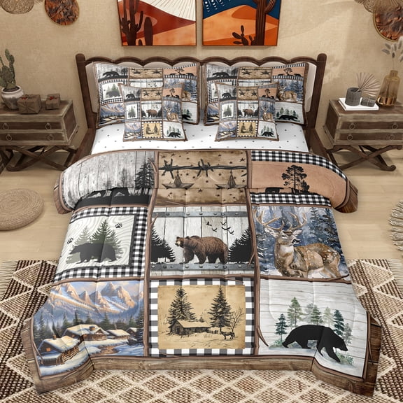 Homewish Wildlife Deer Bear Bedding Comforter Set 7 Pieces for Men, Lake House Cabin Full Bedding Set, Rustic Vintage Patchwork Fitted Sheet Flat Sheet, Breathable Home Decor