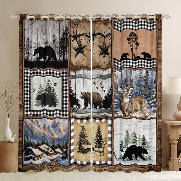 Homewish Wildlife Deer Bear Curtains Pack of 2 (42x84 Each) for Men, Lake House Cabin Curtains Blackout, Rustic Vintage Patchwork Bedroom Curtains, Blackout Curtains Home Decor
