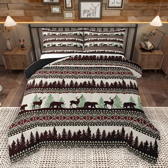 Homewish Wildlife Deer Bear Full Size Comforter Sets, Rustic Farmhouse Animal Bedding Comforter Set, Western Tribal Aztec Reversible Bedding Sets, Ultra Soft Bedroom Decor, 3 Pieces