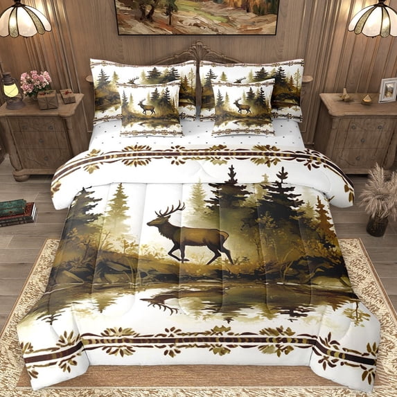 Homewish Wildlife Deer Bedding Comforter Set 7pcs for Kids Teens,Jungle Animal Queen Bedding Sets Super Cozy,Rustic Lodge Cabin Queen Sheet Sets,Super Cozy Room Decor,Reversible