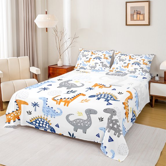 Homewish Wildlife Dinosaurs 4pcs Bed Sheets for Children Teens,Kawaii Dino King Sheets,Jungle Woodland Super Cozy Sheet Set,Breathable Home Decor