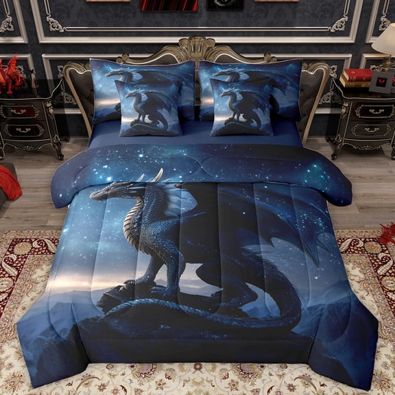 Homewish Wildlife Dragon Bedding Comforter Set 7 Pieces for Preppy Child Teens,Magical Animal Full Bedding Set Lightweight,Starry Sky Fitted Sheet Flat Sheet,Super Cozy Room Decor,Reversible