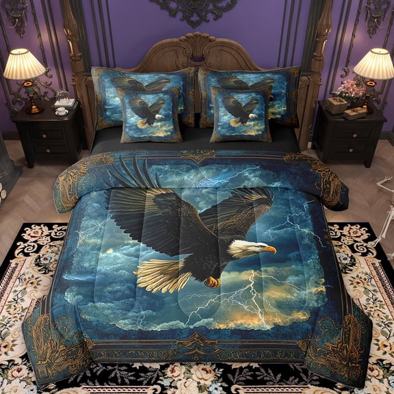 Homewish Wildlife Eagle 7pcs Bedding Comforter Set For Kids Children Teens,Woodland Animal Queen Bedding Sets Super Cozy,Abstract Lightning Queen Sheet Sets,Exotic Style Bedroom Decor,Reversible